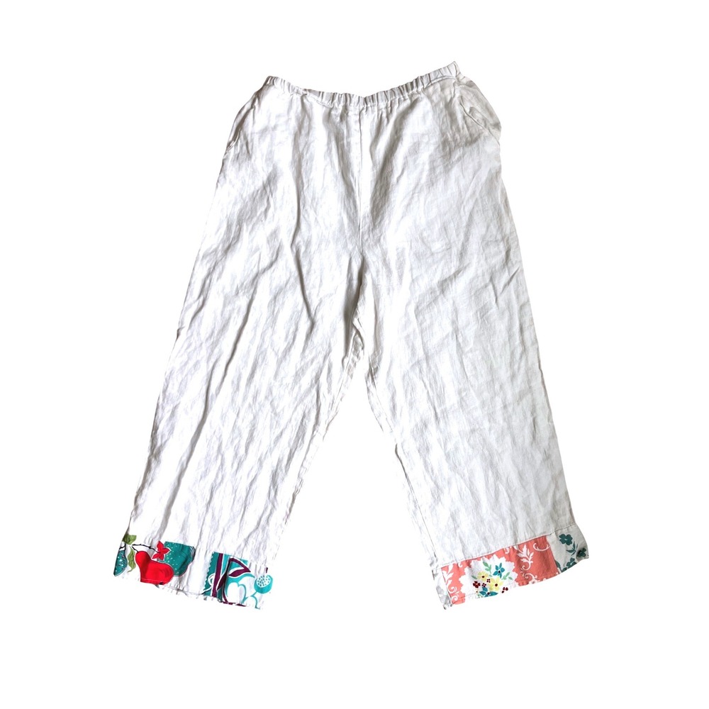 Home‎ Frocks White Linen Wide Leg Crop Pants Floral Patchwork Trim Size Large